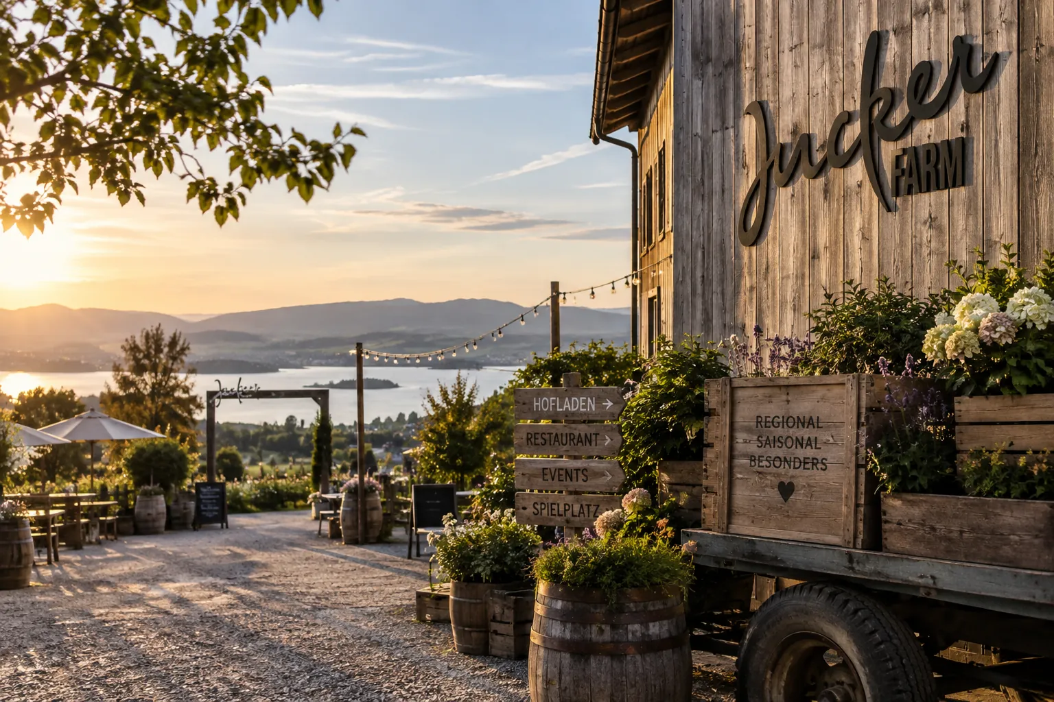 jucker farm in seegräben im abendlicht mit blick auf den see