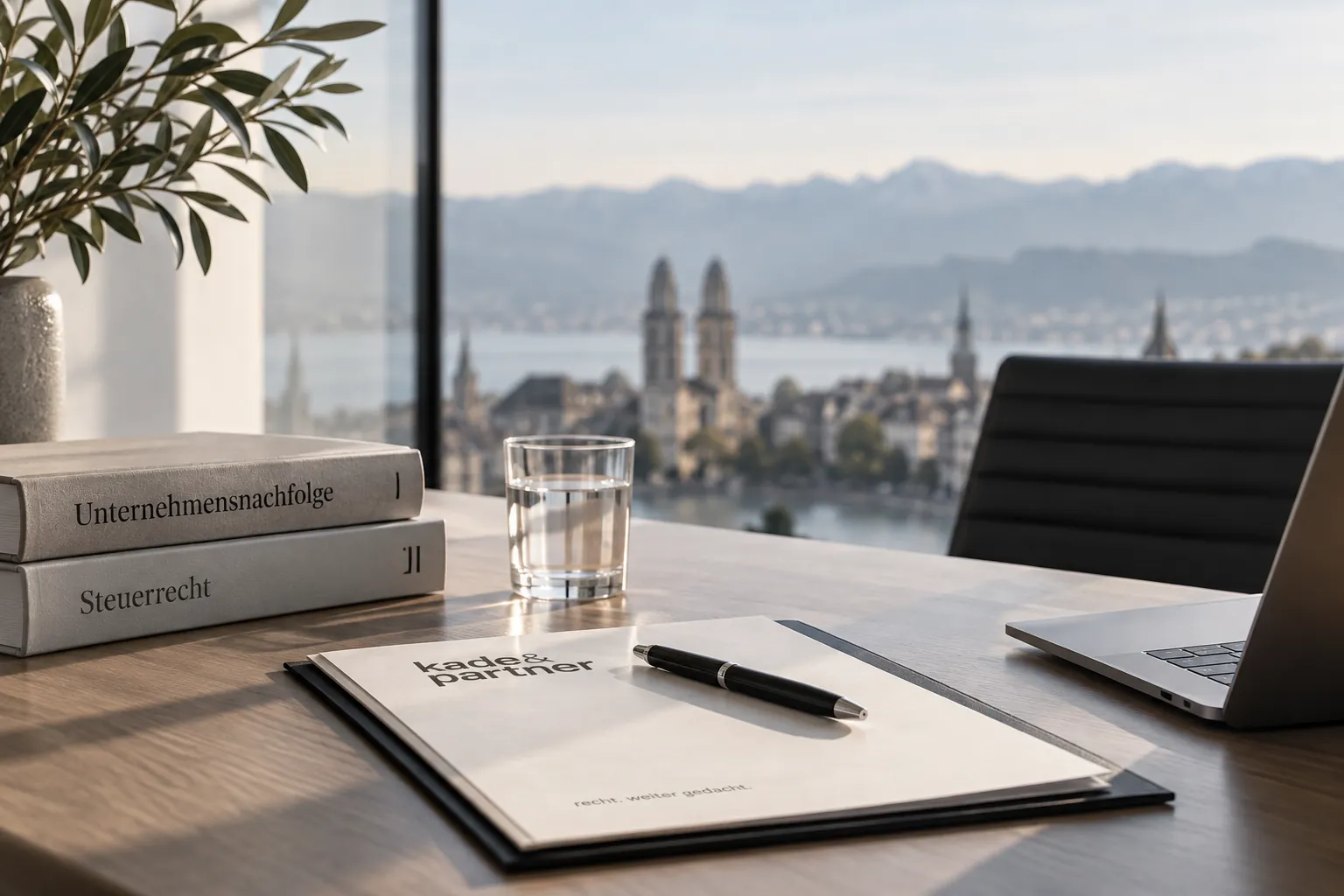 schreibtisch mit fachbüchern zu unternehmensnachfolge und steuerrecht, blick über zürich